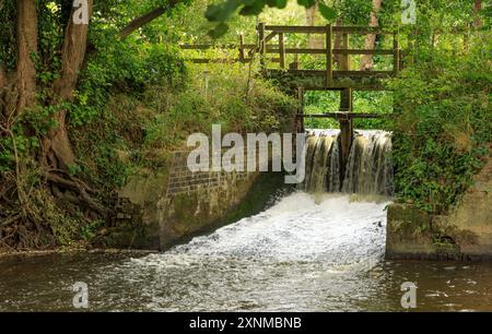 Lower Peover, Knutsford, Cheshire, Großbritannien - 30. Juli 2024 - Wasser strömt über die Tore eines hölzernen Wehrs in den Peover Eye River Stockfoto