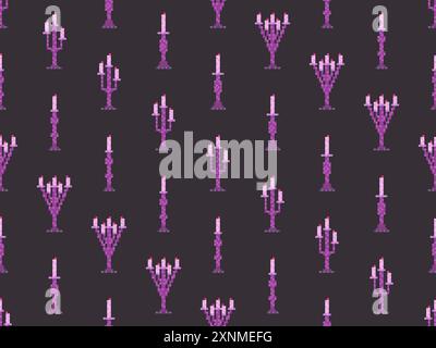 Nahtloses Muster von Pixelleuchtern. Kerzenhalter mit Kerzen im 8-Bit-Stil. Kerzenhalter mit brennenden Kerzen. Design für Tapeten, Verpackungen, Co Stock Vektor