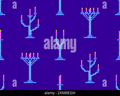Nahtloses Muster von Pixelleuchtern. Kerzenhalter mit Kerzen im 8-Bit-Stil. Kerzenhalter mit brennenden Kerzen. Design für Tapeten, Verpackungen, Co Stock Vektor