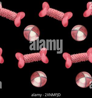 Nahtloses Aquarellmuster. Tierspielzeug für Hunde und Katzen. Rosafarbene Gummikugel und Knochen, handbemalt mit Aquarell. Geeignet zum Bedrucken von Textilien. Stockfoto