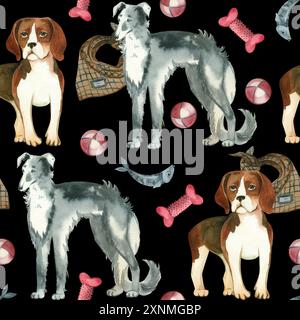 Hunde verschiedener Rassen, Haustiere mit Ball, Halsband, Knochen und Leine, die in Aquarellfarben handgezeichnet sind. Nahtloses Aquarellmuster. Geeignet zum Drucken Stockfoto