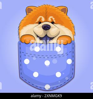 Niedlicher Cartoon-Chow-Chow-Hund in blauer Tasche. Vektorillustration eines Tieres auf blauem Hintergrund. Stock Vektor