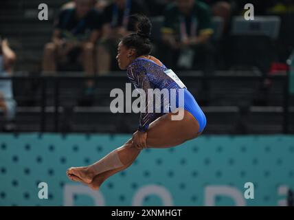 1. August 2024: Simone Biles (USA) tritt während des Tresors beim All Around Finale der Frauen am 6. Tag der Olympischen Spiele in der Bercy Arena in Paris an. Ulrik Pedersen/CSM. Stockfoto