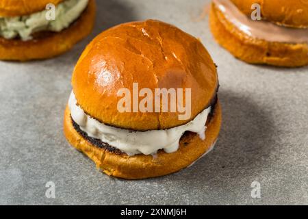 Gefrorenes, hausgemachtes Gelato Sandwich auf Brioche-Brötchen mit Vanille und Schokolade Stockfoto