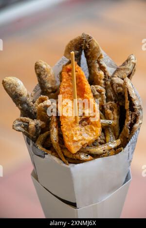 Italienisches Streetfood, verschiedene Fänge des Tages, Fisch frittiert in Papiertüten, Meeresfrüchte Stockfoto