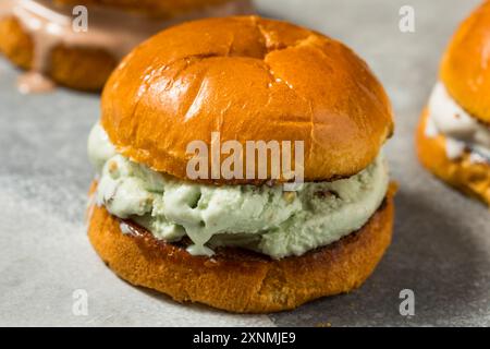 Gefrorenes, hausgemachtes Gelato Sandwich auf Brioche-Brötchen mit Vanille und Schokolade Stockfoto