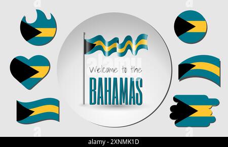 Schwenkende Flagge der Bahamas im Vektor mit der Inschrift Willkommen auf den Bahamas! Verschiedene Versionen der Flagge in Form eines Herzens, Kreises, Kreisbogens, Stock Vektor