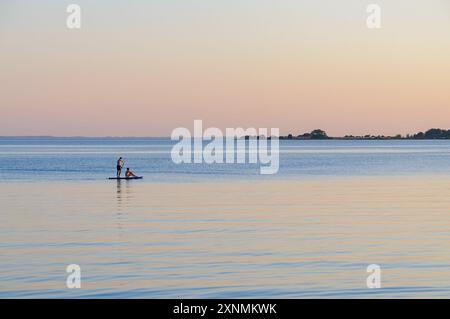 Paddleboarder navigieren durch das ruhige Wasser, während die Sonne untergeht, und malen den Himmel in sanften Pastelltönen, was einen ruhigen Abendmoment schafft. Stockfoto