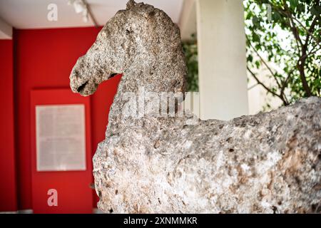 ATHEN, Griechenland – Eine Pferdeskulptur, die aus dem Schiffswrack Antikythera geborgen wurde und im Archäologischen Nationalmuseum in Athen ausgestellt ist. Das Artefakt aus der hellenistischen Zeit wurde unter anderen Schätzen in der berühmten Unterwasserarchäologischen Stätte entdeckt. Das Wrack Antikythera, das vor der griechischen Insel Antikythera gefunden wurde, hat zahlreiche bedeutende Artefakte hervorgebracht, die Einblicke in die antike griechische Kunst und Technologie geben. Stockfoto