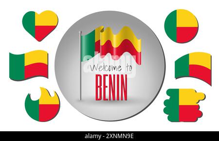 Winkende Flagge von Benin im Vektor mit der Inschrift Willkommen in Benin! Verschiedene Versionen der Flagge in Form eines Herzens, Kreises, Kreisbogens usw. Stock Vektor