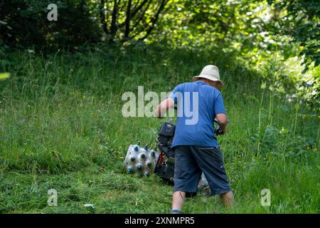 Gimmelwald, Schweiz - 23. Juli 2024: Man verwendet einen Rasenmäher als einachsigen, handgeführten Traktor. Er verfügt über Spezialreifen für das Mähen steiler Hänge im Stockfoto