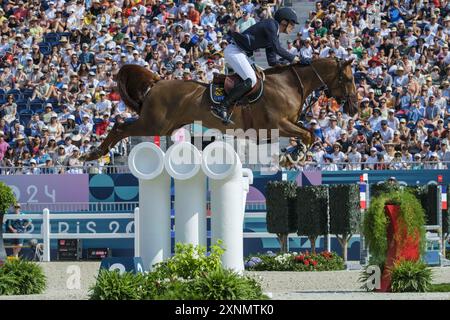 Henrik VON ECKERMANN reitet KÖNIG EDWARD, Reitsport, Springteam Qualifikation während der Olympischen Spiele Paris 2024 am 1. August 2024 im Chateau de Versailles in Versailles, Frankreich Stockfoto