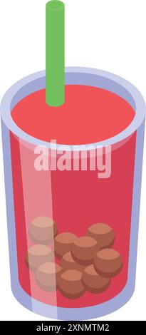 Erfrischendes und süßes Bubble-Teegetränk im Glas mit Isometrik aus Stroh und Tapioka-Kugeln Stock Vektor