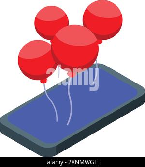 Rote Luftballons, die vom Smartphone-Bildschirm schweben, symbolisieren Online-Party Stock Vektor