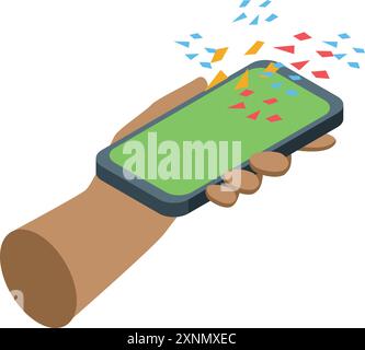 Die Hand hält ein Smartphone mit einem grünen Bildschirm und farbenfrohen geometrischen Formen, die herausfliegen, perfekt für die Präsentation von Apps oder mobilen Spielen Stock Vektor