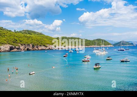 LOPUD, KROATIEN - 28. JUNI 2024: Urlauber genießen Sommerurlaub und kristallklares Wasser der Adria um Lopud Stockfoto