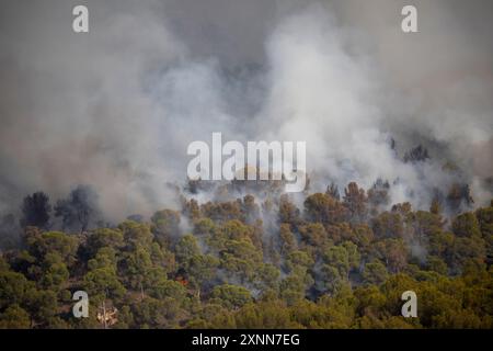 La Alberca, Murcia, Spanien, 1. August 2024, Feuer im Naturpark El Valle gegen 17 Uhr Stockfoto