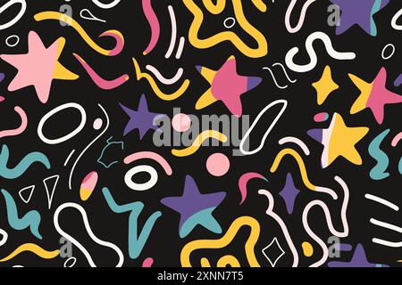 Der Spaß im Web formt ein nahtloses Muster für Kinder. Space geometrisches Neon helle Farbe funky groovige 90er Jahre Cartoon isoliertes Druckmuster. Vektorabbildung auf bl Stock Vektor