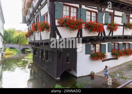 Schiefes Haus im historischen Fischerviertel an der Donau in Ulm. Das Fachwerkhaus wurde 1443 erbaut. Im Guinness Buch der Rekorde ist das Gebäude als schiefstes Hotel der Welt aufgeführt. // 29.07.2024: Ulm, Baden-Württemberg, Deutschland *** Schiefes Haus im historischen Fischerviertel an der Donau in Ulm das Fachwerkhaus wurde 1443 erbaut das Gebäude ist im Guinness-Buch der Rekorde als das schiefste Hotel der Welt gelistet 29 07 2024 Ulm, Baden Württemberg, Deutschland Stockfoto