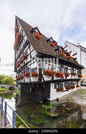 Schiefes Haus im historischen Fischerviertel an der Donau in Ulm. Das Fachwerkhaus wurde 1443 erbaut. Im Guinness Buch der Rekorde ist das Gebäude als schiefstes Hotel der Welt aufgeführt. // 29.07.2024: Ulm, Baden-Württemberg, Deutschland *** Schiefes Haus im historischen Fischerviertel an der Donau in Ulm das Fachwerkhaus wurde 1443 erbaut das Gebäude ist im Guinness-Buch der Rekorde als das schiefste Hotel der Welt gelistet 29 07 2024 Ulm, Baden Württemberg, Deutschland Stockfoto