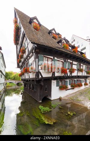 Schiefes Haus im historischen Fischerviertel an der Donau in Ulm. Das Fachwerkhaus wurde 1443 erbaut. Im Guinness Buch der Rekorde ist das Gebäude als schiefstes Hotel der Welt aufgeführt. // 29.07.2024: Ulm, Baden-Württemberg, Deutschland *** Schiefes Haus im historischen Fischerviertel an der Donau in Ulm das Fachwerkhaus wurde 1443 erbaut das Gebäude ist im Guinness-Buch der Rekorde als das schiefste Hotel der Welt gelistet 29 07 2024 Ulm, Baden Württemberg, Deutschland Stockfoto