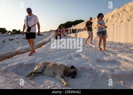 1. August 2024: Denizli, Turkiye am 1. August 2024: Touristen genießen gesundes Wasser und Terrassenpools in Pamukkale Travertines. Ende des 2. Jahrhunderts v. Chr. schuf die Attalidendynastie, die Könige von Pergamon, eine surreale Landschaft, bestehend aus dem Thermalbad Hierapolis, dessen kalzithaltiges Wasser aus Quellen in einer etwa 200 m hohen Klippe stammt, Pamukkale, was den Cotton Palace, Mineralwälder, versteinerte Wasserfälle und eine Reihe von Terrassen-Pools in Denizli. (Kreditbild: © Tolga Ildun/ZUMA Press Wire) NUR REDAKTIONELLE VERWENDUNG! Nicht für kommerzielle ZWECKE! Stockfoto