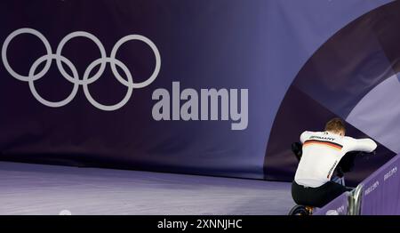 Montigny Le Bretonneux, Frankreich. August 2024. Olympia, Paris 2024, Radfahren, BMX, Vorbereitungen, Viertelfinale, Männer, Philip Schaub aus Deutschland nach seinem Lauf. Quelle: Jan Woitas/dpa/Alamy Live News Stockfoto