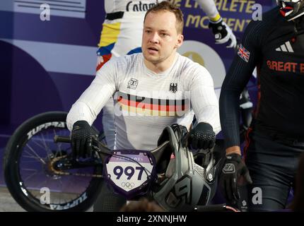 Montigny Le Bretonneux, Frankreich. August 2024. Olympia, Paris 2024, Radfahren, BMX, Vorbereitungen, Viertelfinale, Männer, Philip Schaub aus Deutschland nach seinem Lauf. Quelle: Jan Woitas/dpa/Alamy Live News Stockfoto