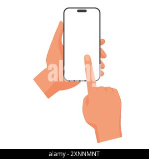 3D-Hände, die das Smartphone halten, um den leeren weißen Bildschirm mit der Vektorgrafik des Zeigefingers zu berühren Stock Vektor