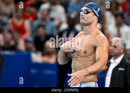Paris, Frankreich. August 2024. Florent Manaudou aus Frankreich bereitet sich auf die Teilnahme am Halbfinale der schwimmenden 50-m-Freestyle-Männer während der Olympischen Spiele 2024 in Paris (Frankreich) am 1. August 2024 vor. Quelle: Insidefoto di andrea staccioli/Alamy Live News Stockfoto