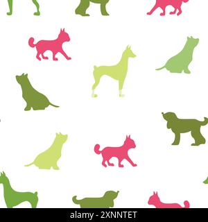 Vektor nahtlos wiederkehrendes kindliches Muster mit niedlichen Hunden, Katzen im skandinavischen Stil. Tiere Hintergrund mit Hund, Katze, Haustiere, Welpen für Einladung Stock Vektor