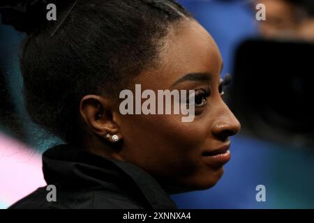 Paris, Frankreich. August 2024. Paris, Frankreich. August 2024. Simone Biles, die USA, im All-Around-Finale der Frauen. In der Bercy Arena am 6. Tag der Olympischen Spiele 2024 in Paris, Frankreich. Quelle: Adam Stoltman/Alamy Live News Stockfoto