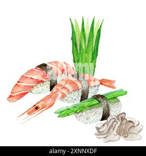 Sushi mit Lachs und Garnelen, Spargel und Ingwer, Meeresfrüchte, Gurkendekoration, mit Aquarellen bemalt Stockfoto