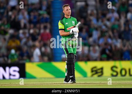 Southampton, Großbritannien. August 2024. Laurie Evans von Southern Brave während des Hundert Männer-Spiels zwischen Southern Brave und Manchester Originals im Utilita Bowl. Quelle: Dave Vokes/Alamy Live News Stockfoto