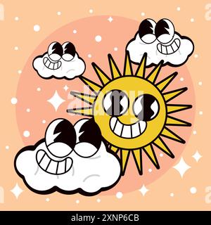 Sonne und Wolken groovige Zeichentrickfigur Vektor Stock Vektor
