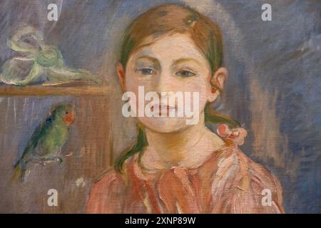 Gemälde von Berthe Morisot nannte die Tochter des Künstlers mit einem Sittich, gemalt 1890 Stockfoto