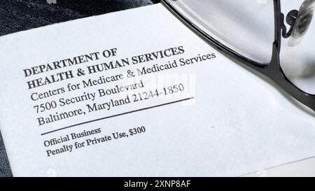Lake Elsinore, CA, USA - 1. August 2024: Ecke des Department of Health and Human Services, Medicare and Medicaid Stockfoto