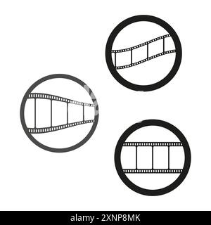 Symbole für Filmrollen. Drei kreisförmige Designs. Einfache Vektorgrafik. Schwarz-weiß. Stock Vektor