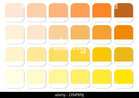 Farbpalette Gelb und Orange. Quadratische Farbfelder mit weißem Sockel. Verschiedene Farbtöne. Vektorabbildung. Stock Vektor