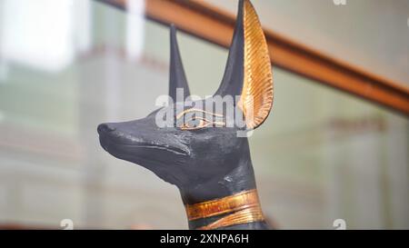 Kairo, Ägypten, 31. Dezember 2019-Nahaufnahme der Statue des Schakalgottes Anubis, der ein Nebenzimmer vor Tutanchamuns Grabkammer im Museum für ägyptische Antiken in Kairo, Ägypten, bewacht Stockfoto