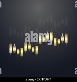 Ein Gold Graph-Diagramm, Luxus-Balkendiagramme mit Aufwärtspfeil oben für Business Candle Stick-Diagramme für Investmenthandel auf dunklem Hintergrund Stock Vektor