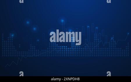 Ein Kerzenstab-Diagramm für den Börsenhandel auf blauem Hintergrund. Bullischer Punkt, Aufwärtstrend des Diagramms, Vektor, Illustration Stock Vektor