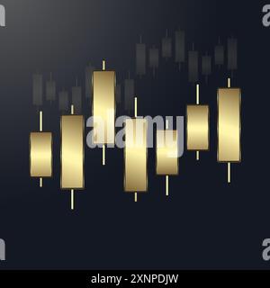 Ein luxuriöses Balkendiagramm, ein Gold-Diagramm, mit einem Pfeil nach oben oben, der für ein Business-Kerzendiagramm mit Anlagehandelskonzepten verwendet wird Stock Vektor