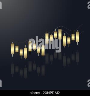 Ein luxuriöses Balkendiagramm, ein Gold Graph-Diagramm, mit einem Aufwärtspfeil auf der Oberseite, das für Business Kerzenstichdiagramm des Investmenthandels auf dunklem Backgr verwendet wird Stock Vektor