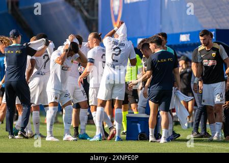 Andorra La Vella, Andorra : 18. Juli 2024: Spieler in Aktion während der zweiten Qualifikationsrunde – 2. Hinspiel des Qualifikats der UEFA Europa Conference League Stockfoto