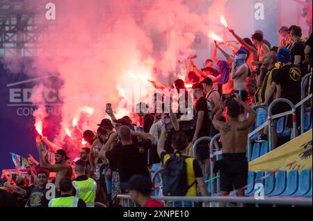 Andorra La Vella, Andorra : 18. Juli 2024: Spieler in Aktion während der zweiten Qualifikationsrunde – 2. Hinspiel des Qualifikats der UEFA Europa Conference League Stockfoto