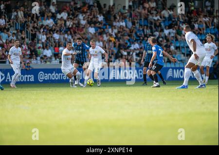 Andorra La Vella, Andorra : 18. Juli 2024: Spieler in Aktion während der zweiten Qualifikationsrunde – 2. Hinspiel des Qualifikats der UEFA Europa Conference League Stockfoto