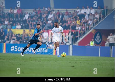 Andorra La Vella, Andorra : 18. Juli 2024: Spieler in Aktion während der zweiten Qualifikationsrunde – 2. Hinspiel des Qualifikats der UEFA Europa Conference League Stockfoto