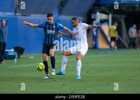 Andorra La Vella, Andorra : 18. Juli 2024: Spieler in Aktion während der zweiten Qualifikationsrunde – 2. Hinspiel des Qualifikats der UEFA Europa Conference League Stockfoto