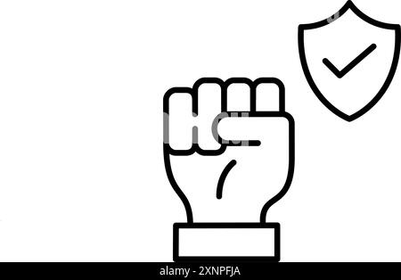 Die Faust hochgehoben und der Sicherheitsschild mit Häkchen. Starke Abwehr, erhöhter Schutz. Pixel Perfect Vektor-Symbol Stock Vektor